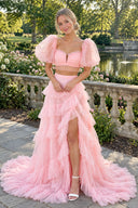 Pink A Line Tow-Piece Tulle Prom Dress with Slit | KISSPROM