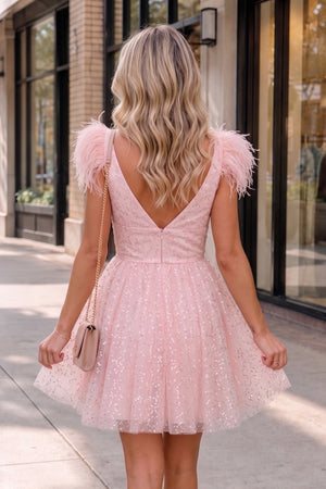 Catherine| A-line Deep V Neck Tulle Homecoming Dress with Feathers