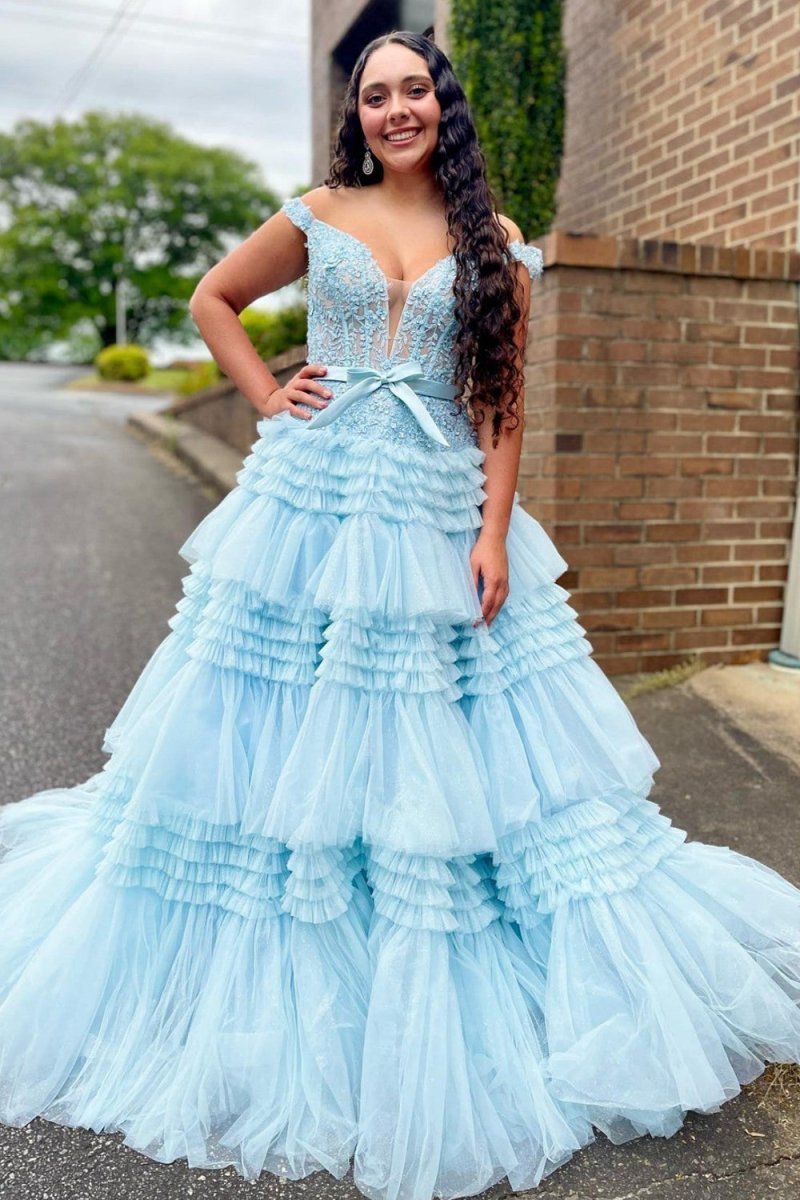 Sky Blue A Line Tulle Ruffles Off the Shoulder Long Prom Dresses with Bow