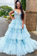 Pink A Line Tulle Ruffles Off the Shoulder Long Prom Dresses with Bow