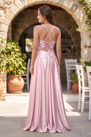 Pink A-Line V-Neck Satin Prom Dress with Slit (2) | KISSPROM