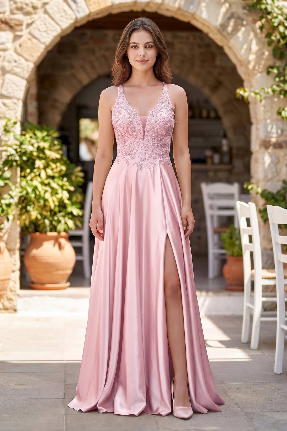 KissProm A-Line V-Neck Satin Prom Dress with Slit, Pink / 14