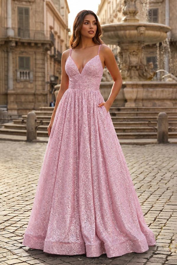 KissProm-Pink A-line V Neck Sequins Long Prom Dress