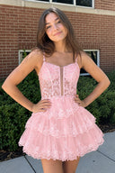 Pink A Line V Neck Sequins Short Homcoming Dresses With Appliques | KISSPROM