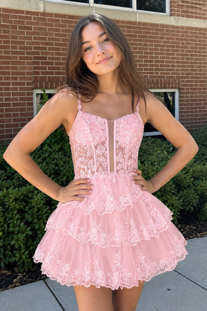 Pink A Line V Neck Sequins Short Homcoming Dresses With Appliques | KISSPROM