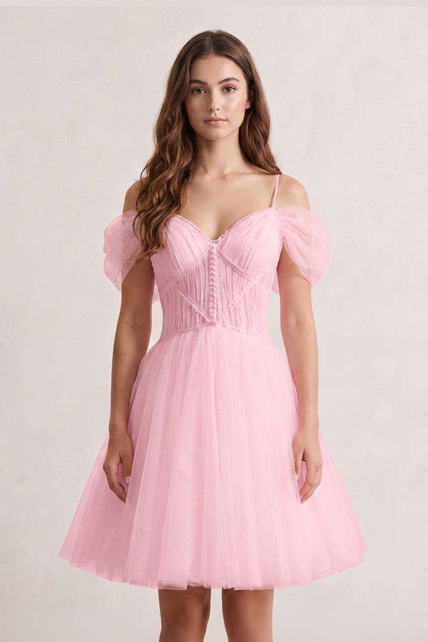 Pink A-line V Neck Tulle Homecoming Dresses | KISSPROM
