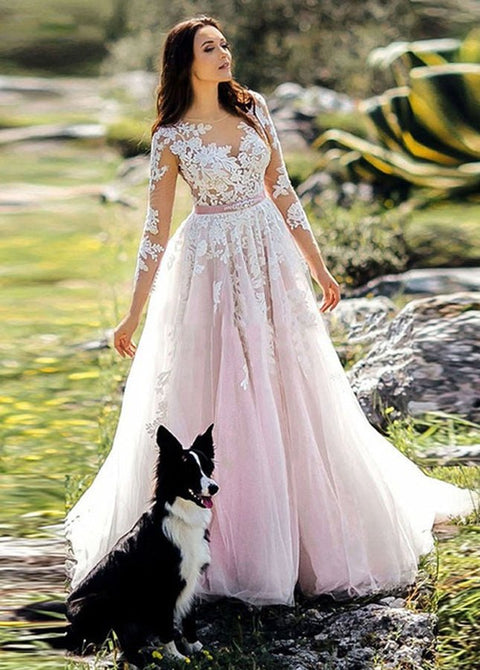 Pink and White Lace Appliques Long Sleeves Tulle Wedding Dresses with Belt main image 1