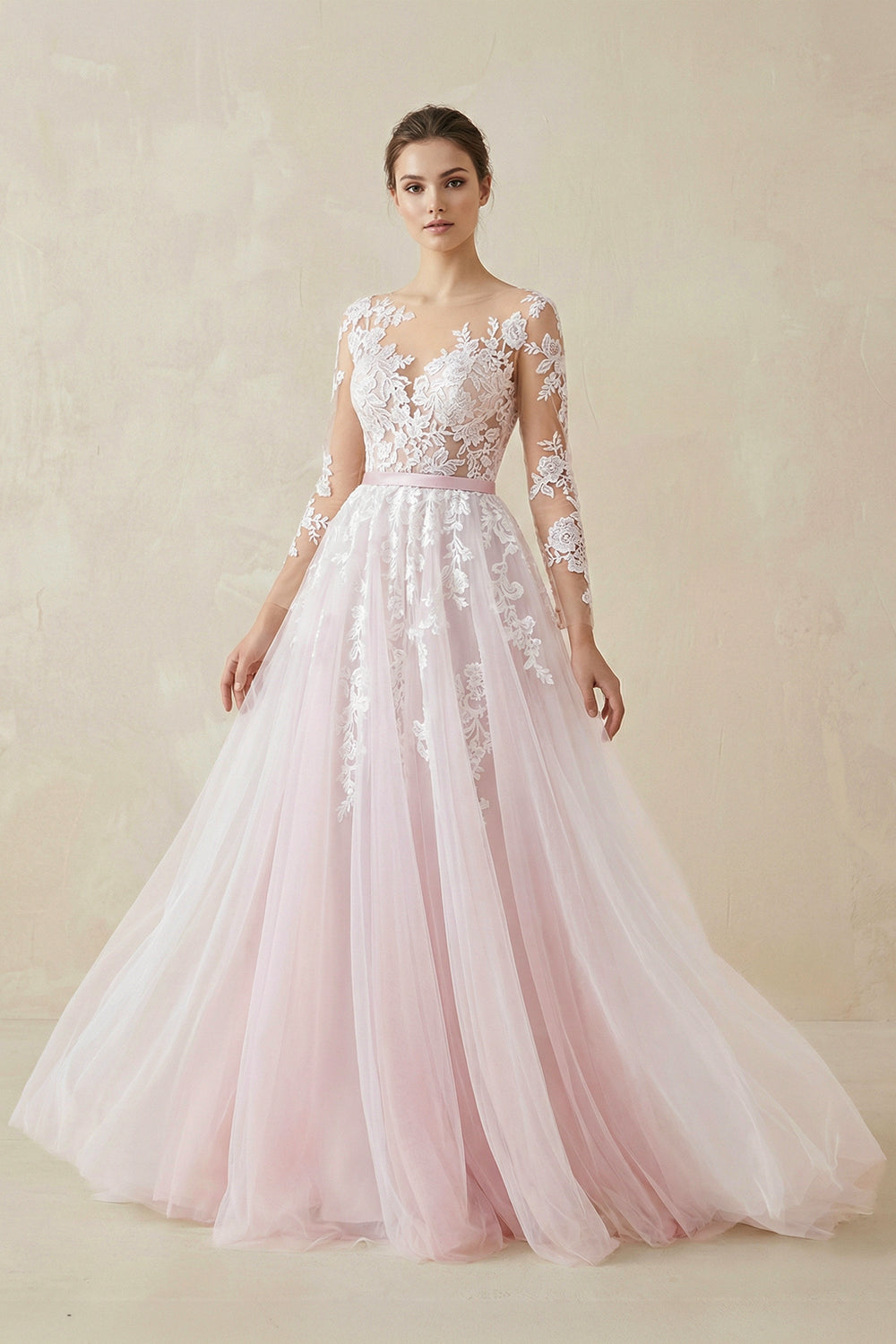 Pink and White Lace Appliques Long Sleeves Tulle Wedding Dresses with Belt– Wedding Dresses by KissProm | Available at KissProm