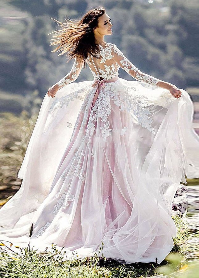 Pink and White Lace Appliques Long Sleeves Tulle Wedding Dresses with Pink and White Lace Appliques Long Sleeves Tulle Wedding Dresses with