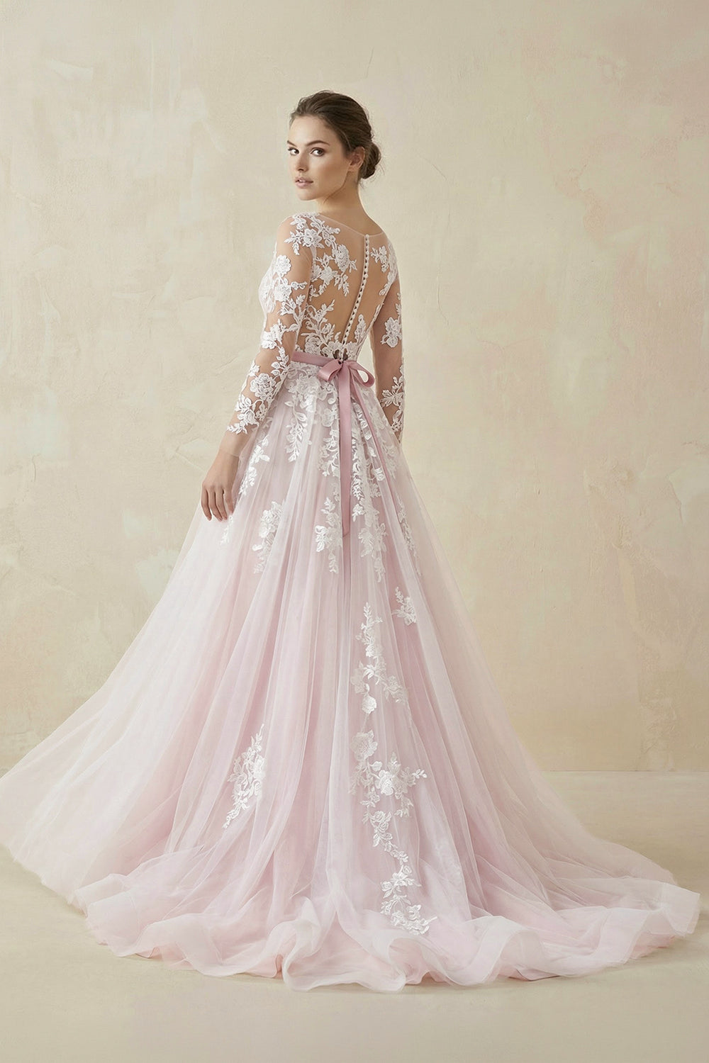 Pink and White Lace Appliques Long Sleeves Tulle Wedding Dresses with Belt– Wedding Dresses by KissProm | Available at KissProm