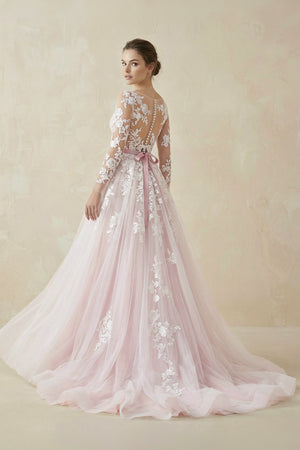 Pink and White Lace Appliques Long Sleeves Tulle Wedding Dresses with Belt– Wedding Dresses by KissProm | Available at KissProm