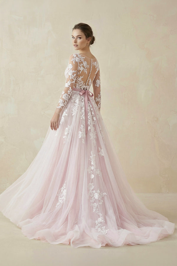 Pink and White Lace Appliques Long Sleeves Tulle Wedding Dresses with Belt– Wedding Dresses by KissProm | Available at KissProm