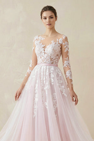 Pink and White Lace Appliques Long Sleeves Tulle Wedding Dresses with Belt– Wedding Dresses by KissProm | Available at KissProm