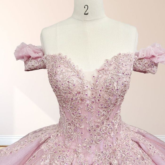 Pink Quinceanera Off Shoulder Lace Appliques Ball Gown Y2734