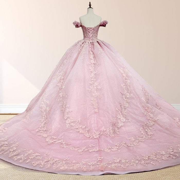 Sparkly Pink Off The Shoulder Ball-Gown Corset Quinceanera Dress main image 1