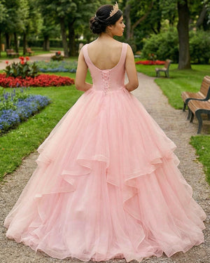 KissProm- Pink A Line Organza Floor-Length Prom Dress with Appliqued