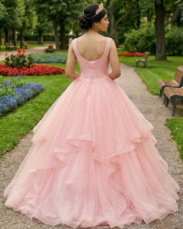 KissProm- Pink A Line Organza Floor-Length Prom Dress with Appliqued