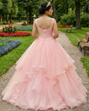 Pink A Line Organza Floor - Length Prom Dress with Appliqued - KissProm