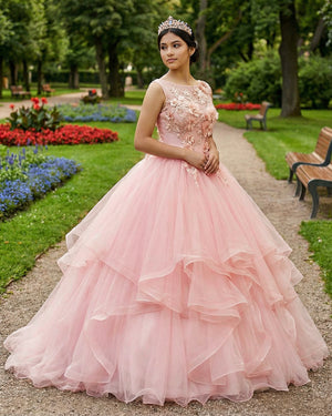KissProm- Pink A Line Organza Floor-Length Prom Dress with Appliqued