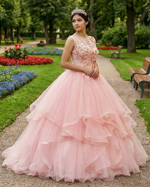KissProm- Pink A Line Organza Floor-Length Prom Dress with Appliqued