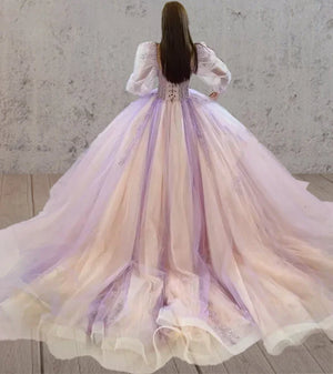 Pink Ball-Gown Tulle Long-Sleeve Quinceanera Dress