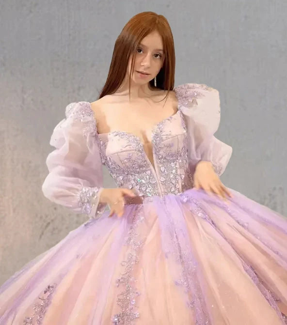 Pink Ball-Gown Tulle Long-Sleeve Quinceanera Dress