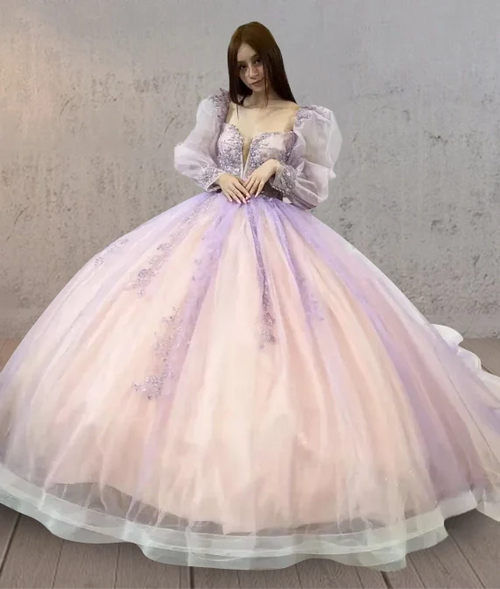 Pink Ball-Gown Tulle Long-Sleeve Quinceanera Dress