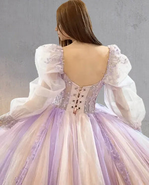 Pink Ball-Gown Tulle Long-Sleeve Quinceanera Dress