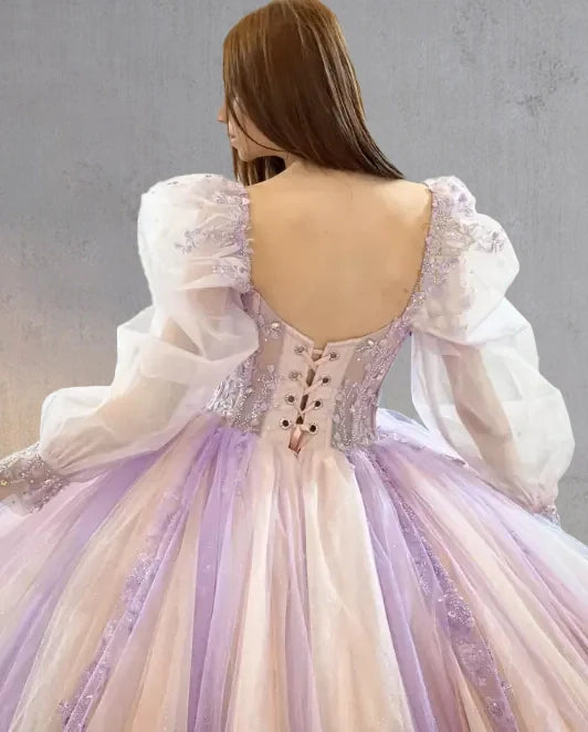 Pink Ball-Gown Tulle Long-Sleeve Quinceanera Dress