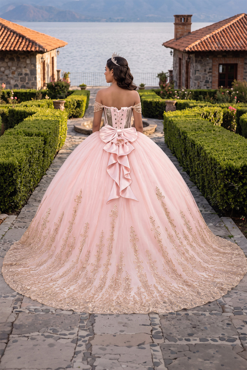 Pink Ball Gown Tulle Off-the-Shoulder Quinceanera Dress with Sequins | KISSPROM