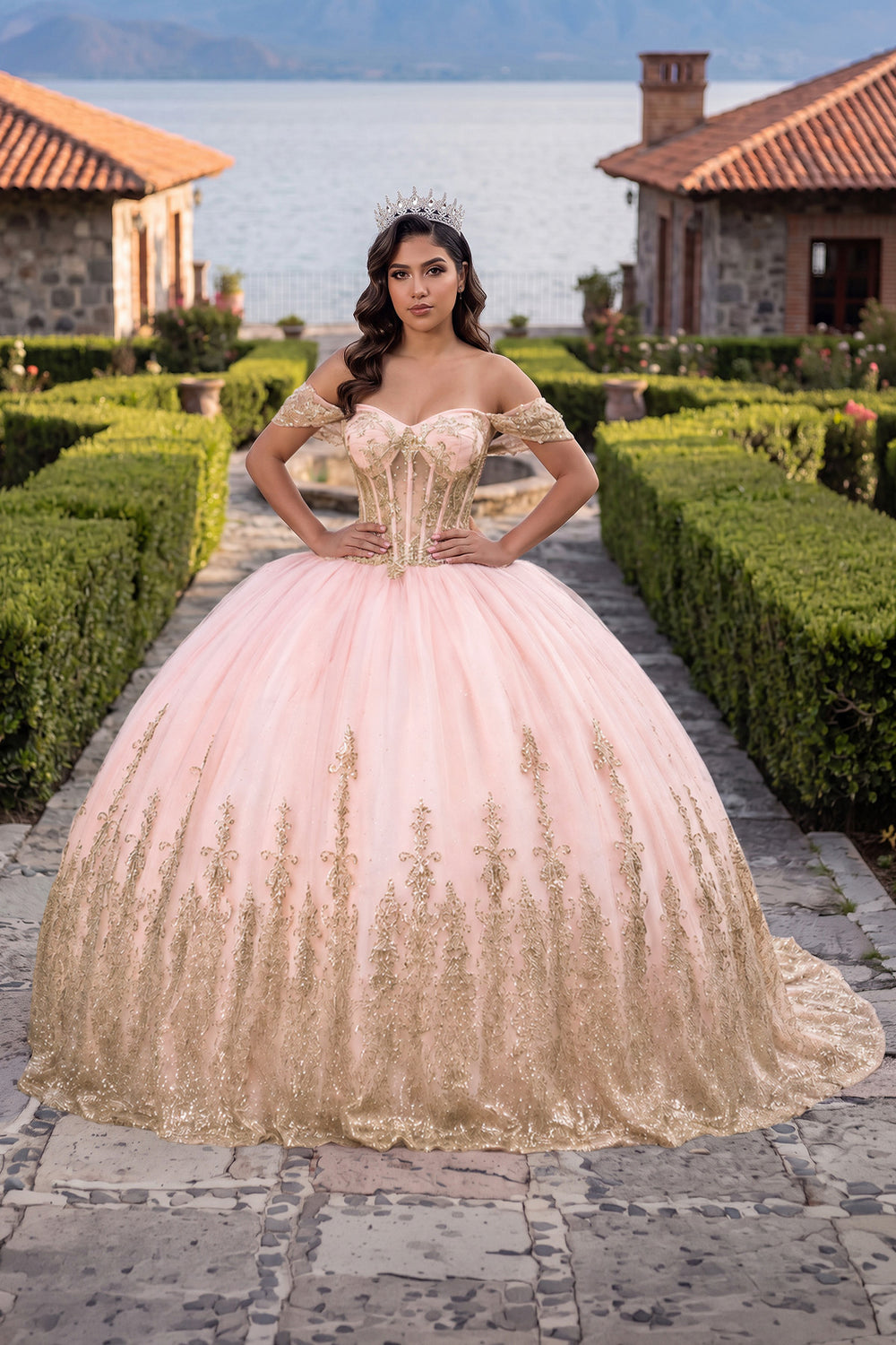 Pink Ball Gown Tulle Off-the-Shoulder Quinceanera Dress with Sequins | KISSPROM