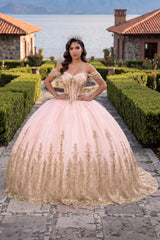 Pink Ball Gown Tulle Off-the-Shoulder Quinceanera Dress with Sequins | KISSPROM