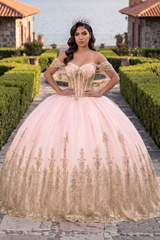 Pink Ball Gown Tulle Off-the-Shoulder Quinceanera Dress with Sequins | KISSPROM