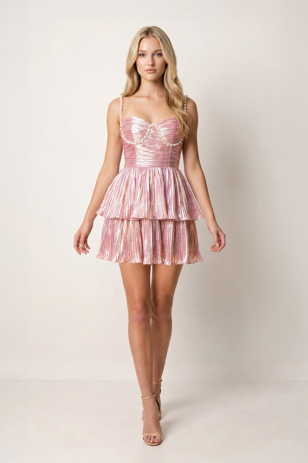 Pink Black Spaghetti Straps A Line Metallic Pleated Short Homecoming Dresses With Beading| KISSPROM