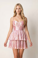 Pink Black Spaghetti Straps A Line Metallic Pleated Short Homecoming Dresses With Beading | KISSPROM