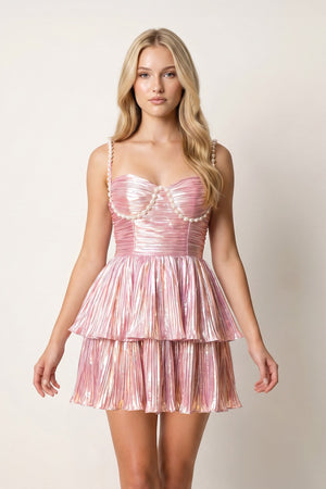 Pink Black Spaghetti Straps A Line Metallic Pleated Short Homecoming Dresses With Beading | KISSPROM