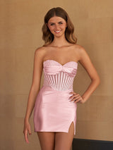 Pink Bodycon Satin Sweetheart Beaded Mini Party Dress with Slit | KISSPROM