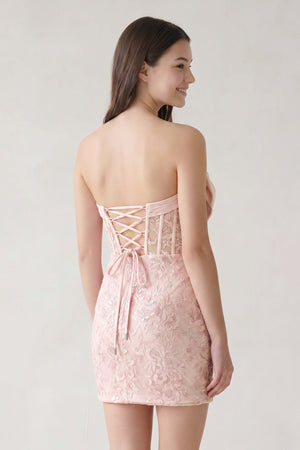 Pink Bodycon Sequined Lace Strapless Corset Homecoming Dresses with Bow | KISSPROM