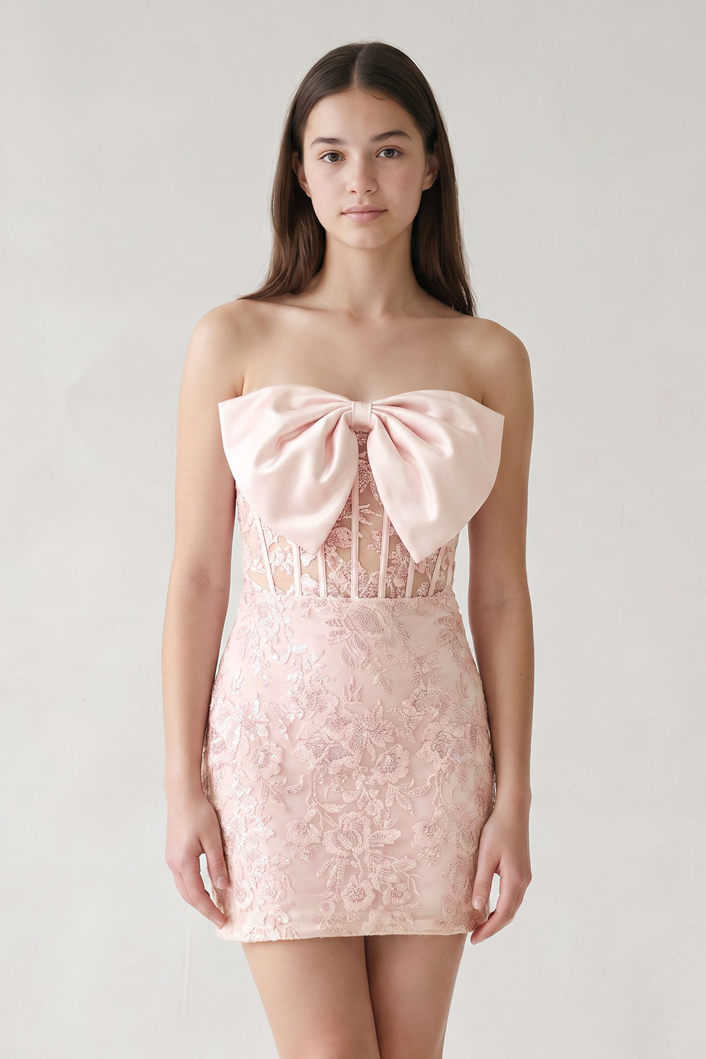 Pink Bodycon Sequined Lace Strapless Corset Homecoming Dresses with Bow | KISSPROM