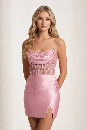 Pink Bodycon Sequined Strapless Corset Homecoming Dresses with Slit (4) | KISSPROM