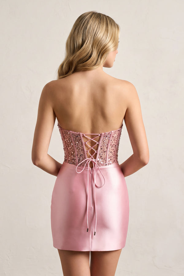 Pink Bodycon Sequined Strapless Corset Homecoming Dresses with Slit (5) | KISSPROM