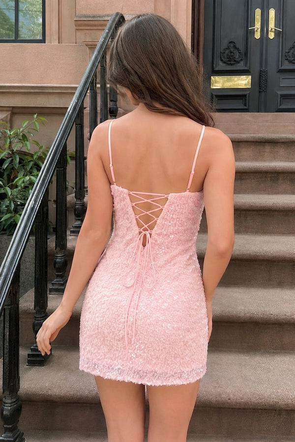 Pink Bodycon Spaghetti Straps Mini Party Dress With Sequins (2) | KISSPROM