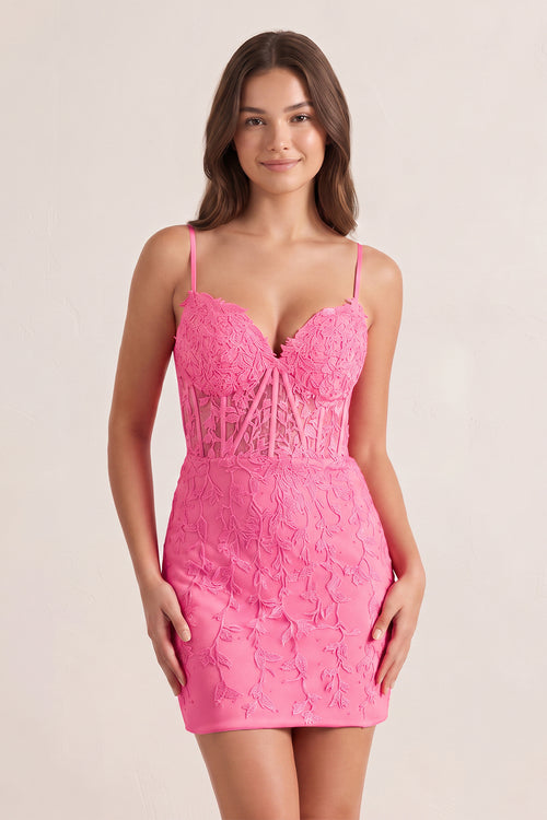 Pink Bodycon Spaghetti Straps Tight Short Homecoming Dress with Appliques | KISSPROM