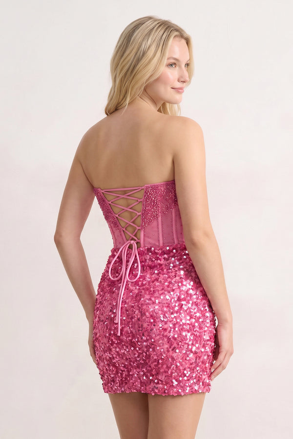 Pink Bodycon Strapless Corset Beaded Mini Party Dresses | KISSPROM