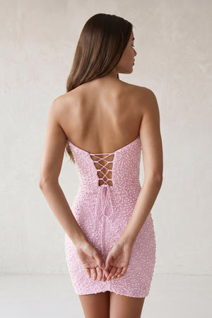 Pink Bodycon Strapless Mini Homecoming Dresses With Beadings | KISSPROM