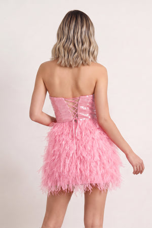 Candy Pink Bodycon Strapless Sequin Mini Homecoming Dresses with Feathers (2) | KISSPROM