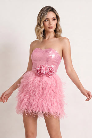 Candy Pink Bodycon Strapless Sequin Mini Homecoming Dresses with Feathers | KISSPROM