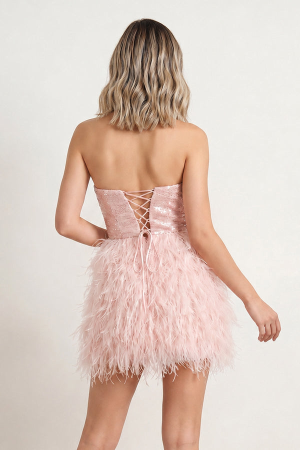Pink - Bodycon Strapless Sequin Mini Party Dresses with Feathers – Homecoming Dress by KissProm | Available at KissProm