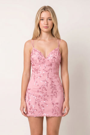 Pink Bodycon V Neck Sequined Satin Mini Homecoming Dresses | KISSPROM