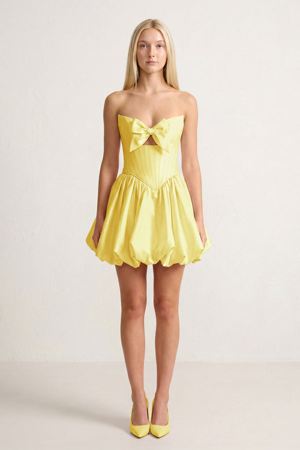 Yellow Bowknot Sweetheart Bubble Hem A-Line Satin Homecoming Dress - KISSPROM